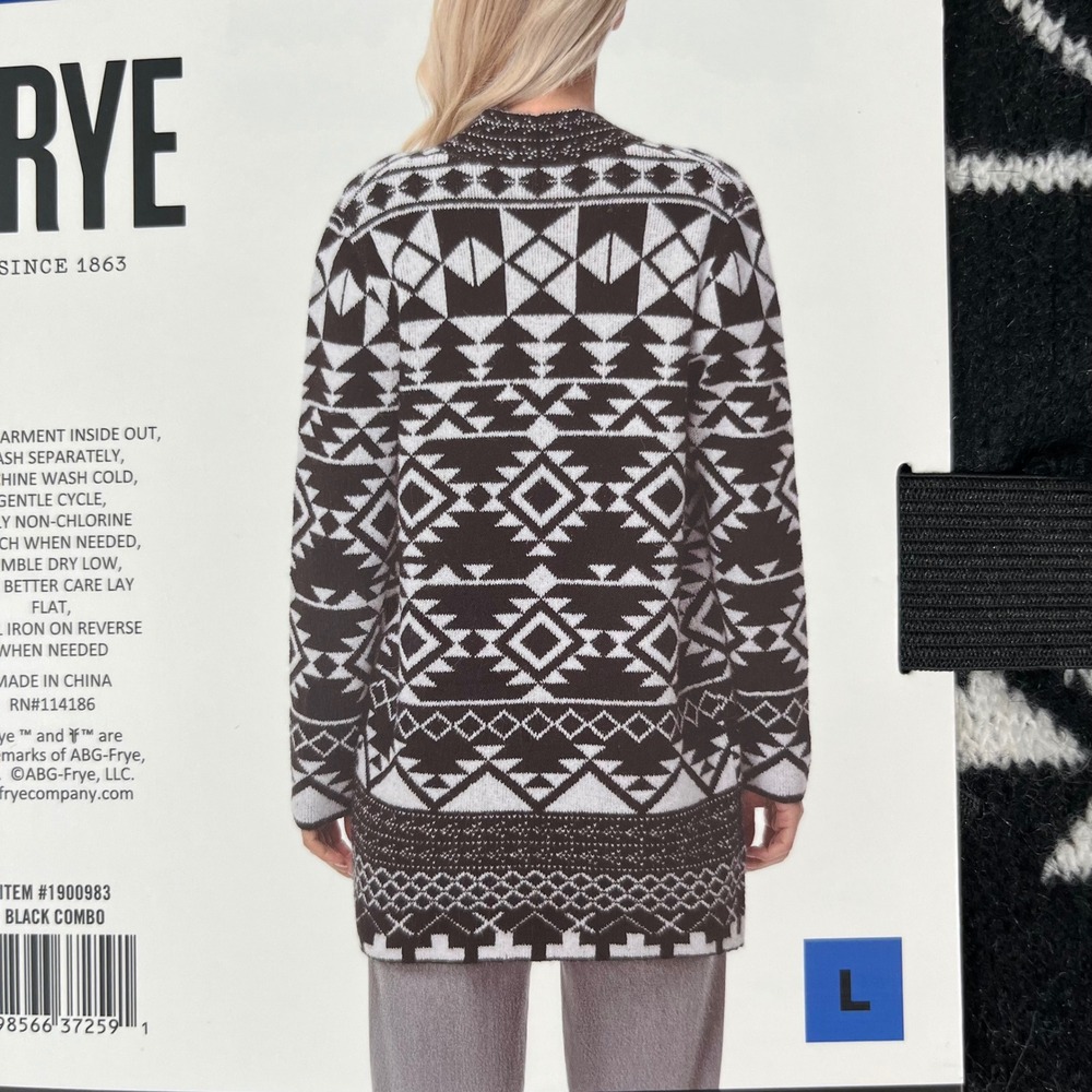 NEW FRYE Women's The Cozy Cardigan Blk/wht Geometric Jacquard Knit Open Front L - Picture 4 of 5